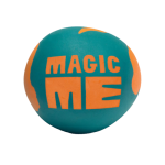 The Magic Me logo, a turquoise coloured uneven sphere resembling the earth, with the words 'Magic Me' in orange on the centre, and the edges of other orange shapes around the edge of the sphere, resembling countries.